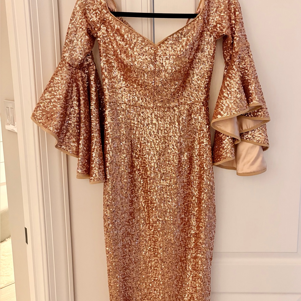 Milly Rose Gold Sequin Bell-Sleeve Selena V Dress
